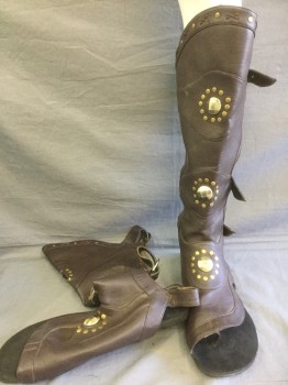 N/L, Brown, Gold, Faux Leather, Metallic/Metal, Solid, Gladiator Sandals,  Knee Length, Covered Shin with Open Straps in Back, Thong/Open Toe, Gold Studded Detail at Front