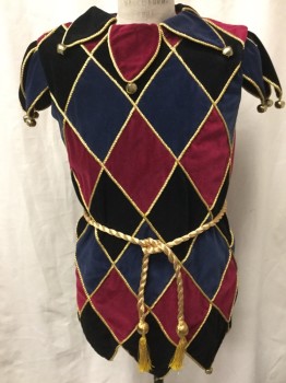 MTO, Black, Red Burgundy, Navy Blue, Gold, Cotton, Lurex, Argyle, Court Jester's Motley, Argyle, Trimmed with Gold Rope, Pointed Collar, Cuffs & Hem with Bells Attached, Separating Zipper Back, GOLD ROPE TIE BELT