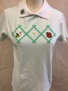 PFI FASHIONS INC, Mint Green, Aqua Blue, Red, Black, Yellow, Cotton, Polyester, Animal Print, S/S, Pull Over with White Collar, a Bee, Flower & Ladybug Print, Embroiderred Lady Bug on the Collar