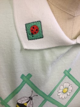 PFI FASHIONS INC, Mint Green, Aqua Blue, Red, Black, Yellow, Cotton, Polyester, Animal Print, S/S, Pull Over with White Collar, a Bee, Flower & Ladybug Print, Embroiderred Lady Bug on the Collar