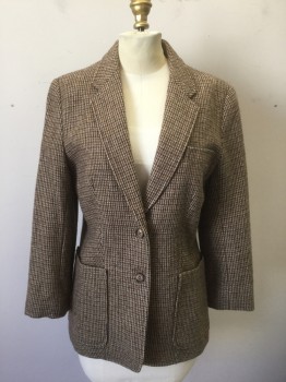 AU COURANT, Brown, Beige, Dk Brown, Wool, Acrylic, Check , Scratchy Texture Wool, Single Breasted, Notched Lapel, 2 Buttons,  3 Pockets, Solid Brown Lining, Late 1970's