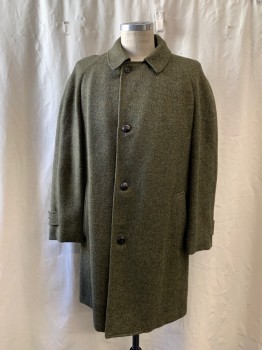 CHATFIELD, Moss Green, Dk Green, Goldenrod Yellow, Wool, Tweed, Single Breasted, Collar Attached, Notched Lapel, Raglan Long Sleeves, Button Tab Cuff