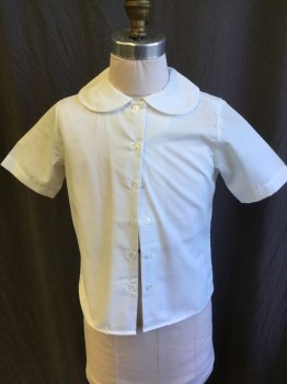 FOX 21, White, Cotton, Polyester, Solid, Scalloped Collar Attached, Button Front, Short Sleeves,