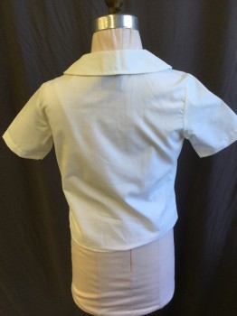 FOX 21, White, Cotton, Polyester, Solid, Scalloped Collar Attached, Button Front, Short Sleeves,