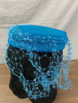N/L, Turquoise Blue, Wool, Solid, Pillbox Shape, Very Worn Netting Attached, Self Bow Detail in Back,