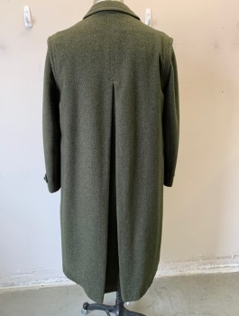 BELFE, Olive Green, Wool, Solid, Thick Scratchy Wool, Single Breasted, 5 Green Painted Leather Buttons, Collar Attached, 2 Welt Pockets, Plaid Lining