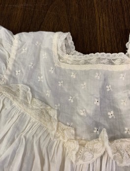 N/L, White, Cotton, Solid, Long Sleeves, Square Neck with Lace Trim, Tiny Embroidered Flowers at Chest, Lace Ruffle Yoke Across Chest, Ruffle with Lace Trim at Hem, Opening in Back Missing Closures,