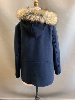 ZARA, Navy Blue, Wool, Hood With Faux Fur Trim, Zip Front, 2 Patch Pockets