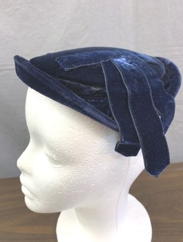 N/L, Midnight Blue, Cotton, Silk, Solid, Velvet, Circular Disc That Sits on Top of Head, Tabs at Sides for Pins, Self Trim Details at Side, in Good Shape