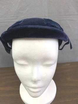 N/L, Midnight Blue, Cotton, Silk, Solid, Velvet, Circular Disc That Sits on Top of Head, Tabs at Sides for Pins, Self Trim Details at Side, in Good Shape