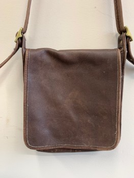COACH, Dk Brown, Leather, Solid, Crossbody, Long Strap, Large Flap, Aged/Distressed,