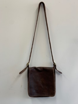 COACH, Dk Brown, Leather, Solid, Crossbody, Long Strap, Large Flap, Aged/Distressed,