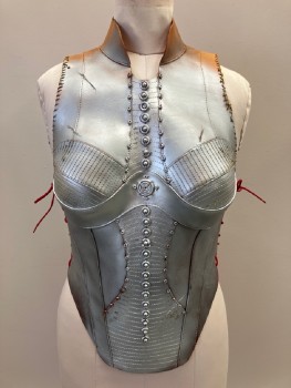 NO LABEL, Caramel Brown, Silver, Leather, Band Collar, Spray Painted Silver, Stitching Detail,  Silver Studs Down The Center, Side And Back Red Lacing, Made To Order