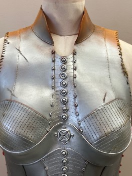 NO LABEL, Caramel Brown, Silver, Leather, Band Collar, Spray Painted Silver, Stitching Detail,  Silver Studs Down The Center, Side And Back Red Lacing, Made To Order