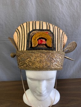 HARRY ROTZ, Beige, Brown, Gold, Cotton, Plastic, Stripes - Vertical , Swirl , Beige Textured Brocade with Black and Beige Stripes, Gold Embossed Band Around Forehead with Curved Pieces at Sides, Large Brown Brooch at Center Front, Black Felt Coif Base, Made To Order