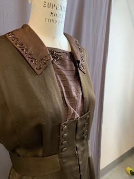NL, Burnt Umber Brn, Wool, Solid, Top - Slvls, C.A., Layered, Fastened at Center with Hooks, Chest Cover Attached, Sewn on & Attached with Snap Buttons, 2 Sets of Decorative Buttons Above Waist & 2 Below Waist, Collar Decorated with Tube Like Stones