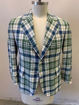 BROOKS BROTHERS, Off White, Blue, Olive Green, Wool, Synthetic, Plaid, 2 Buttons,  Notched Lapel, 3 Pockets, 2 Pockets with Flaps, Single Vent