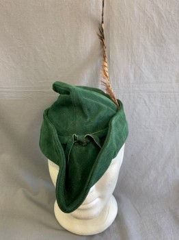 MTO, Green, Suede, Solid, Tear Drop Shaped, Robin Hood, Hat, with Feather