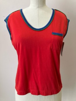 CAMPUS CASUALS, Red, Solid, Navy And Green Trim, Scoop Neck, Sleeveless, 1 Pocket
