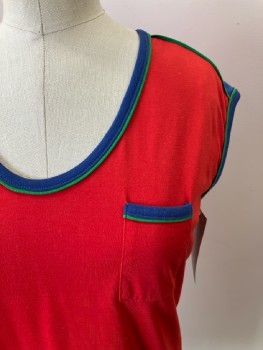 CAMPUS CASUALS, Red, Solid, Navy And Green Trim, Scoop Neck, Sleeveless, 1 Pocket