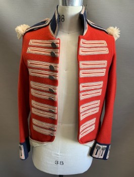 M.B.A. LTD LONDON, Red, Navy Blue, Cream, Wool, Military Naval Jacket Early 1800's, Heavy Felted Material, Stand Collar, Epaulettes, Silver Embossed Buttons, Cream Twill Lining, Made To Order