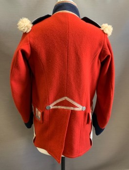 M.B.A. LTD LONDON, Red, Navy Blue, Cream, Wool, Military Naval Jacket Early 1800's, Heavy Felted Material, Stand Collar, Epaulettes, Silver Embossed Buttons, Cream Twill Lining, Made To Order