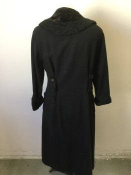 MTO, Black, Coffee Brown, Wool, Cotton, Solid, Shawl Collar and Cuffs with Faux Persian Lamb Edge and Velveteen That Has Been Treated to Look Like Animal Print, 1 Button with Brown and Black Braided Frog Button Loop, 2 Pockets, Sides Have 2 Button Tabs to Fit Waist, Has Some Moth Holes to Be Mended,