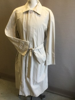 NORDSTROM CLASSICS, Lt Khaki Brn, Poly/Cotton, Solid, Trench - Collar Attached, Button Front = 6 Buttons Behind Button Placket, 2 Slash Front Pockets with Button Flaps, Long Sleeves with Button Tab Detail at Cuffs/ Raglan Sleeves, Back Cape Detail, Matching Belt, Kick Pleat Center Back,