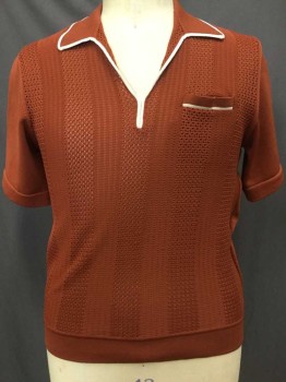 LEEJAY, Rust Orange, Cream, Nylon, Solid, Stripes - Vertical , Banlon Knit, Short Sleeve,  Ribbed Stripe Front Panel, Cream Trim On Collar & 1 Welt Pocket,