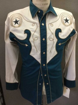 PANHANDLE SLIM, Ecru, Teal Blue, Dk Brown, Polyester, Cotton, Stars, Snap Front, L/S, , Star And Rope Embroidery, Western Pockets, 6 Snaps On Sleeve Cuff