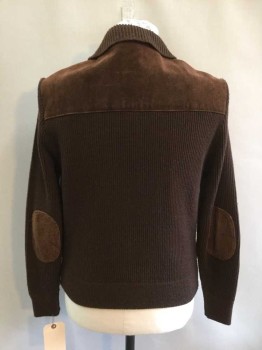 NO LABEL, Chocolate Brown, Suede, Acrylic, Long Sleeves, Zip Front, Knit Collar, Welt Pockets, Suede Elbow Patches, Cable Knit Sweater Detail,