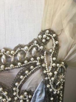 N/L, Gray, Cream, Silver, Pearl White, Silk, Beaded, Floral, Gray Floral Brocade, with Cream Chiffon Short Sleeves, Square Neck, Silver and Pearl Beads at Neckline, with Hanging Tassles, Grecian Draped Quality to Skirt, Floor Length Hem, Made To Order Reproduction ***One Chiffon Sleeve is Torn/Separated From Neckline,