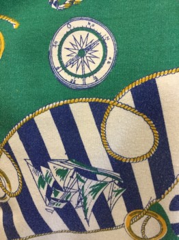 EURO JOY, White, Emerald Green, Gold, Blue, Polyester, Cotton, Novelty Pattern, Crew Neck, Short Sleeves, Nautical Pattern with Ropes, Compasses, & Sailboats