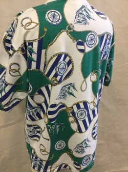 EURO JOY, White, Emerald Green, Gold, Blue, Polyester, Cotton, Novelty Pattern, Crew Neck, Short Sleeves, Nautical Pattern with Ropes, Compasses, & Sailboats
