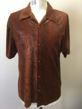 Y.M.L.A, Rust Orange, Black, Metallic, Polyester, Reptile/Snakeskin, Flocked with Metallic Snakeskin Pattern, Short Sleeve Button Front, Collar Attached,