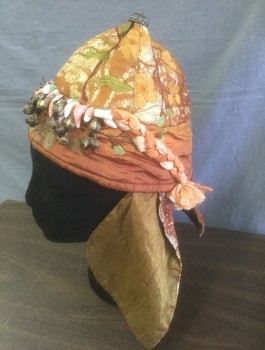 N/L MTO, Brown, Ecru, Beige, Olive Green, Polyester, Beaded, Abstract , Shades of Brown/Olive Brocade Coif Style Hat with Ear Flaps, Tribal Beaded Bones/Teeth Detail Across Forehead, Metal Cap at Top of Head, Made To Order