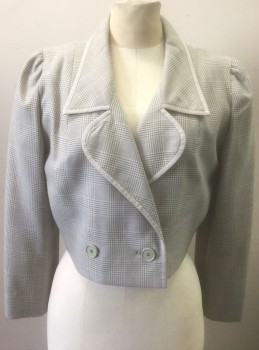 N/L, Gray, Lt Gray, Wool, Glen Plaid, Houndstooth, Blazer, Double Breasted, Cropped Boxy Fit, Oversized Lapel with Pointed and Round Notches, Gray Grosgrain Edging/Trim, Retro 1980's Does 1960's