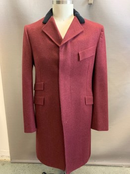 MARTIN GREENFIELD, Wine Red, Black, Wool, Cotton, Solid, Color Blocking, Single Breasted, 4 Buttons, Hidden Button Placket, 1/2 Velvet Notched Lapel, 4 Flap Pockets, Belted Back with Button Detail