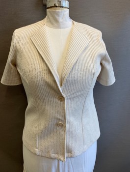 N/L, Ecru, White, Polyester, Seersucker, Stripes - Vertical , Short Sleeved Blazer, Pointed Lapel, 2 Buttons, Lightly Padded Shoulders, Late 1970's