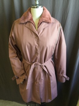 LONDON TOWNE, Mauve Pink, Acrylic, Polyester, Solid, Detachable Faux Fur Lining, Collar Attached, Button Front, Dark Brown Leather Piping Along Arm Hole & Shoulder, Long Belted Sleeves, 2 Pockets, **Removable Belt