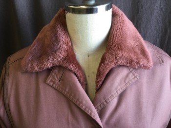 LONDON TOWNE, Mauve Pink, Acrylic, Polyester, Solid, Detachable Faux Fur Lining, Collar Attached, Button Front, Dark Brown Leather Piping Along Arm Hole & Shoulder, Long Belted Sleeves, 2 Pockets, **Removable Belt