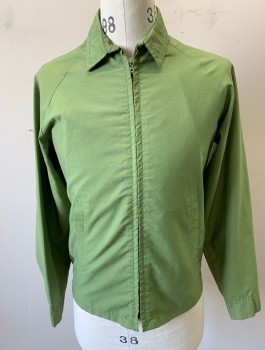 THE INN SHOP, Avocado Green, Cotton, Polyester, Solid, Zip Front, Collar Attached, Raglan Long Sleeves, 2 Pockets, Self Top Stitching Accents, No Lining,