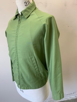 THE INN SHOP, Avocado Green, Cotton, Polyester, Solid, Zip Front, Collar Attached, Raglan Long Sleeves, 2 Pockets, Self Top Stitching Accents, No Lining,
