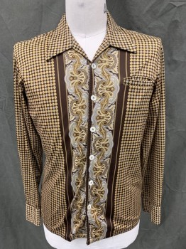 LEE JAY, Dk Brown, Tan Brown, Gray, Polyester, Circle Medallions, Center Front Ornate Stripes, Button Front, Collar Attached, Long Sleeves, 1 Pocket,