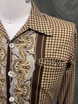 LEE JAY, Dk Brown, Tan Brown, Gray, Polyester, Circle Medallions, Center Front Ornate Stripes, Button Front, Collar Attached, Long Sleeves, 1 Pocket,