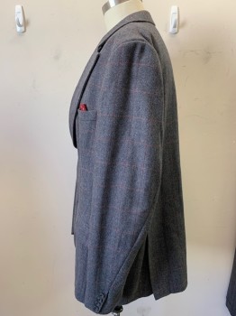 MARK COSTELLO, Gray, Lt Gray, Red, Red Burgundy, Wool, Herringbone, Grid , Single Breasted, 2 Buttons,  Very Wide Peaked Lapel, 3 Pockets,