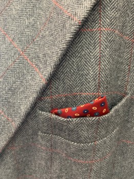 MARK COSTELLO, Gray, Lt Gray, Red, Red Burgundy, Wool, Herringbone, Grid , Single Breasted, 2 Buttons,  Very Wide Peaked Lapel, 3 Pockets,