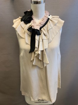 FLOREAT, Taupe, Black, White, Silk, Solid, Color Blocking, Sleeveless, Flounce Collar with Flower Appliqués, Keyhole with Ribbon Tie