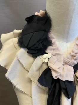 FLOREAT, Taupe, Black, White, Silk, Solid, Color Blocking, Sleeveless, Flounce Collar with Flower Appliqués, Keyhole with Ribbon Tie