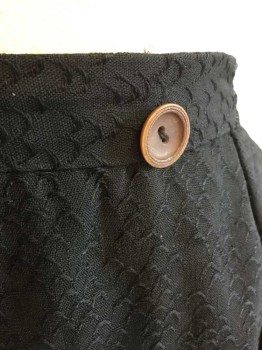 N/L, Black, Brown, Cotton, Abstract , Self Scallopped Pattern/Texture, 1" Wide Waistband, Brown Buttons At Waistband, Gathered In Center Back, 1 Pleat On Each Side At Front, Floor Length Hem, ** Worn and Mended In Various Spots, Particularly At Waistband and Hem,